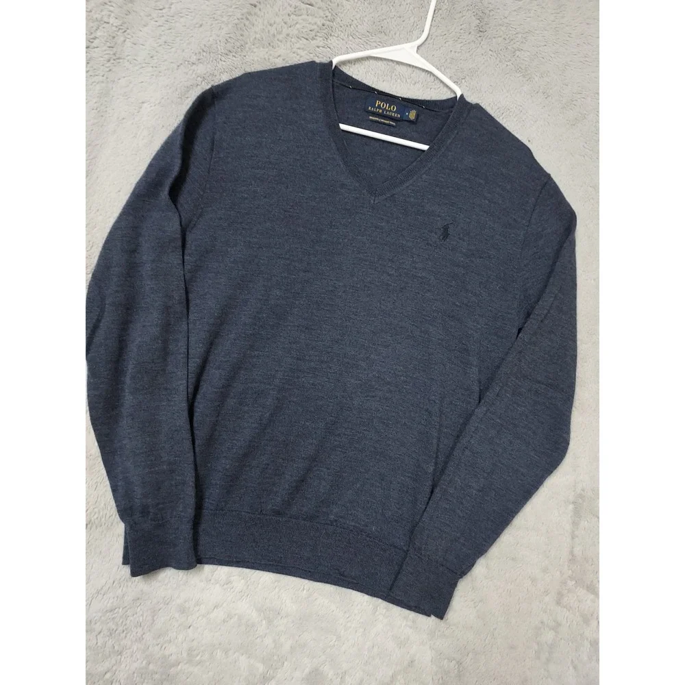 Polo Ralph Lauren Sweater Mens Medium Washable Merino Wool V Neck Blue Preppy